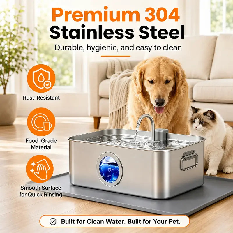 Sohochic 12L 304 Stainless Steel Automatic Pet Water Fountain for Dogs and Cats, High-Capacity Dispenser with LED Indicator, Silent Pump, Multi-Pet Drinking Tray, Includes Filter Set