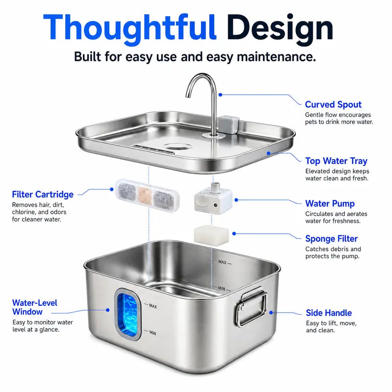 Sohochic 12L 304 Stainless Steel Automatic Pet Water Fountain for Dogs and Cats, High-Capacity Dispenser with LED Indicator, Silent Pump, Multi-Pet Drinking Tray, Includes Filter Set