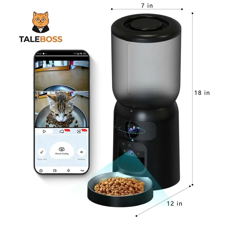 Taleboss Smart Automatic Cat Feeder with HD Camera, 5L Capacity, Laser Toy, App Control, Night Vision, Dual Band Wi-Fi, and Two-Way Audio