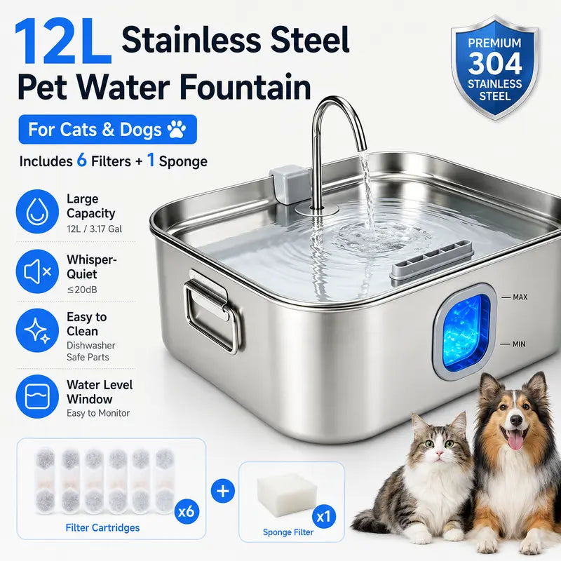 Sohochic 12L 304 Stainless Steel Automatic Pet Water Fountain for Dogs and Cats, High-Capacity Dispenser with LED Indicator, Silent Pump, Multi-Pet Drinking Tray, Includes Filter Set