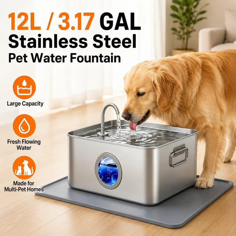 Sohochic 12L 304 Stainless Steel Automatic Pet Water Fountain for Dogs and Cats, High-Capacity Dispenser with LED Indicator, Silent Pump, Multi-Pet Drinking Tray, Includes Filter Set