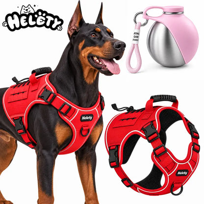 HELETY Tactical Dog Harness Set - Adjustable No-Pull Reflective Mesh & Polyester, Control Handle, Plush Corduroy Leash, Portable Water Bottle, Leather Bow Tie Collars for Small to Large Dogs, Escape-Proof Cat Safety Breakaway Design