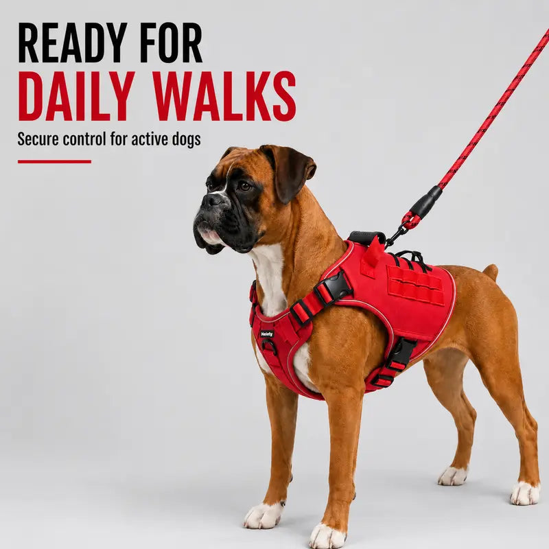 HELETY Tactical Dog Harness Set - Adjustable No-Pull Reflective Mesh & Polyester, Control Handle, Plush Corduroy Leash, Portable Water Bottle, Leather Bow Tie Collars for Small to Large Dogs, Escape-Proof Cat Safety Breakaway Design