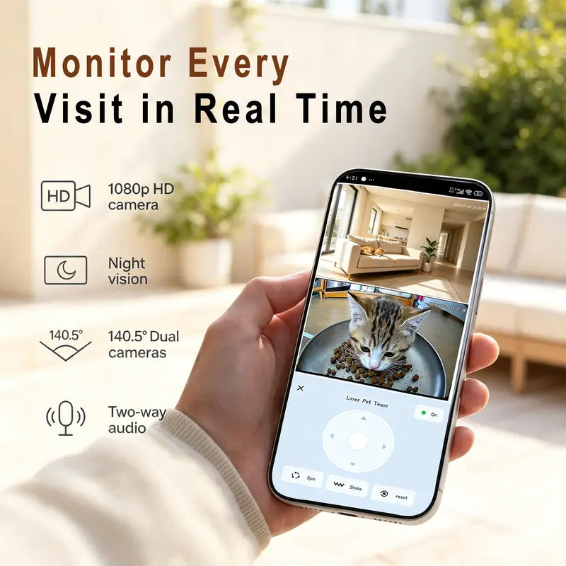Taleboss Smart Automatic Cat Feeder with HD Camera, 5L Capacity, Laser Toy, App Control, Night Vision, Dual Band Wi-Fi, and Two-Way Audio